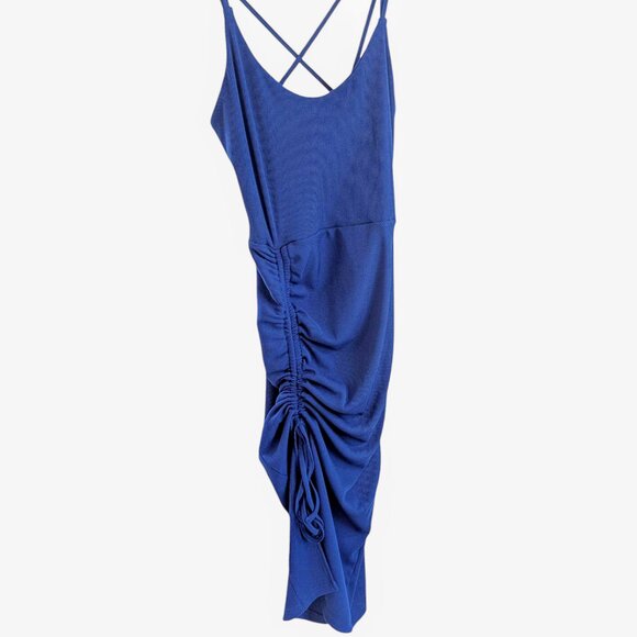 NWOT Royal Blue S Midi Dress Cross Back Spaghetti Strap Ruched Side Slit Bodycon - Picture 2 of 6